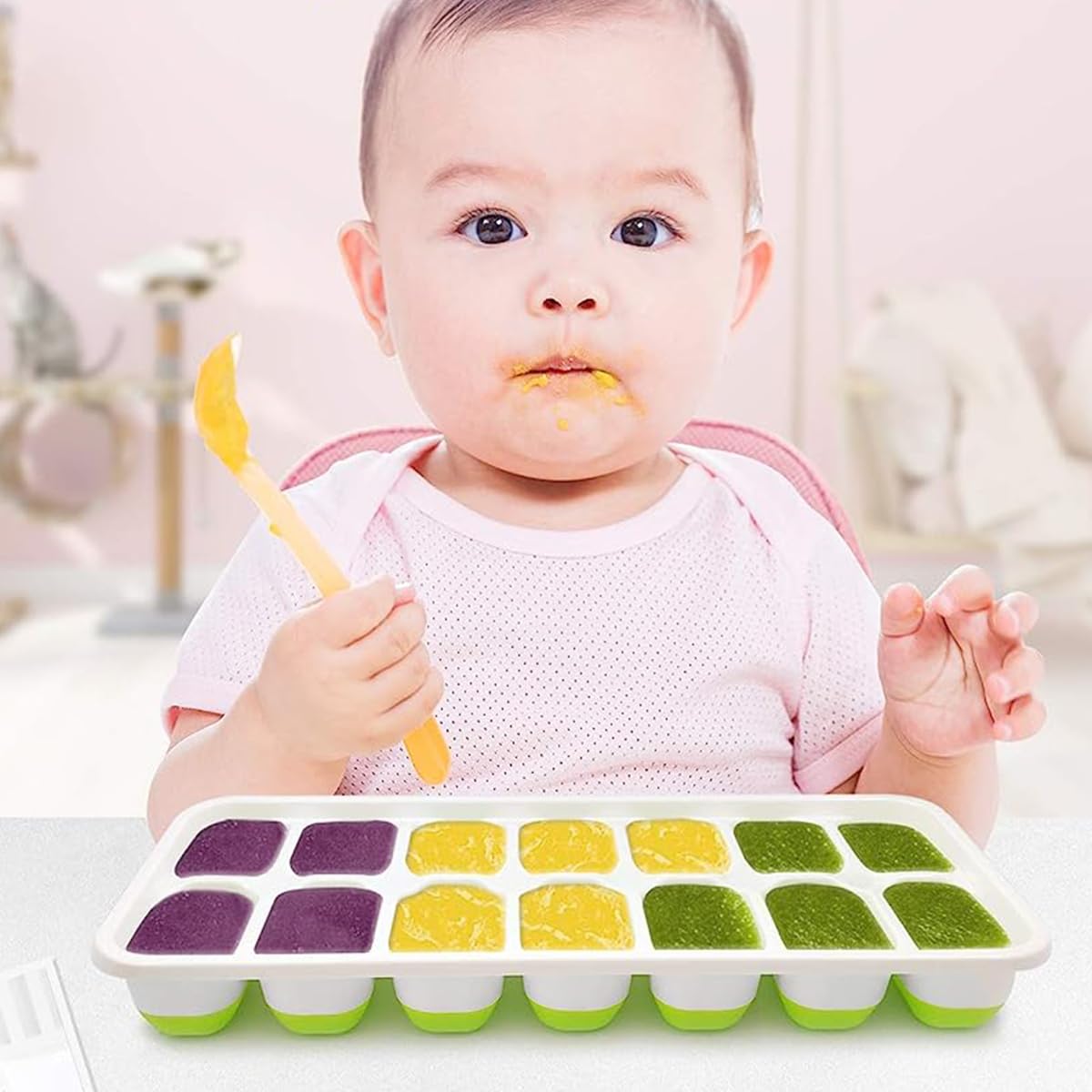 HASTHIP Ice Cube Tray for Freezer Set of 4 with 56 Cubes and Soft TPR Bottom Design