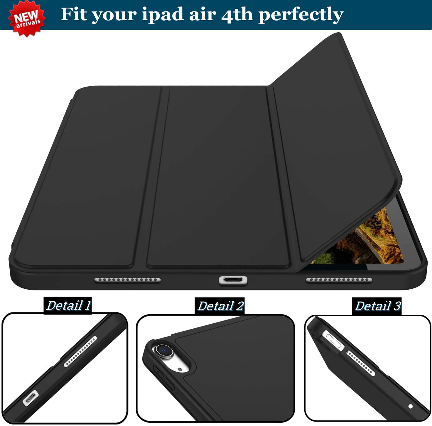 ZORBES iPad Air 4th Generation Case for 10.9 Inch with Trifold Stand and Pencil Holder | Black TPU Cover