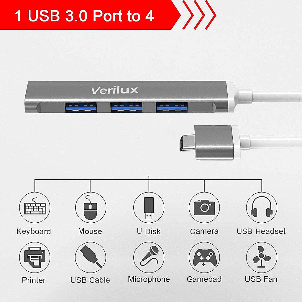 Verilux® USB Hub 3.0 for PC 4 in 1 with DC 5V2A and 4 USB High Speed 3.0 Multi USB Port for Laptop 5Gbs Transfer Speed USB Extender Multiple USB Connector for Dell, Samsung Galaxy, Surface Pro