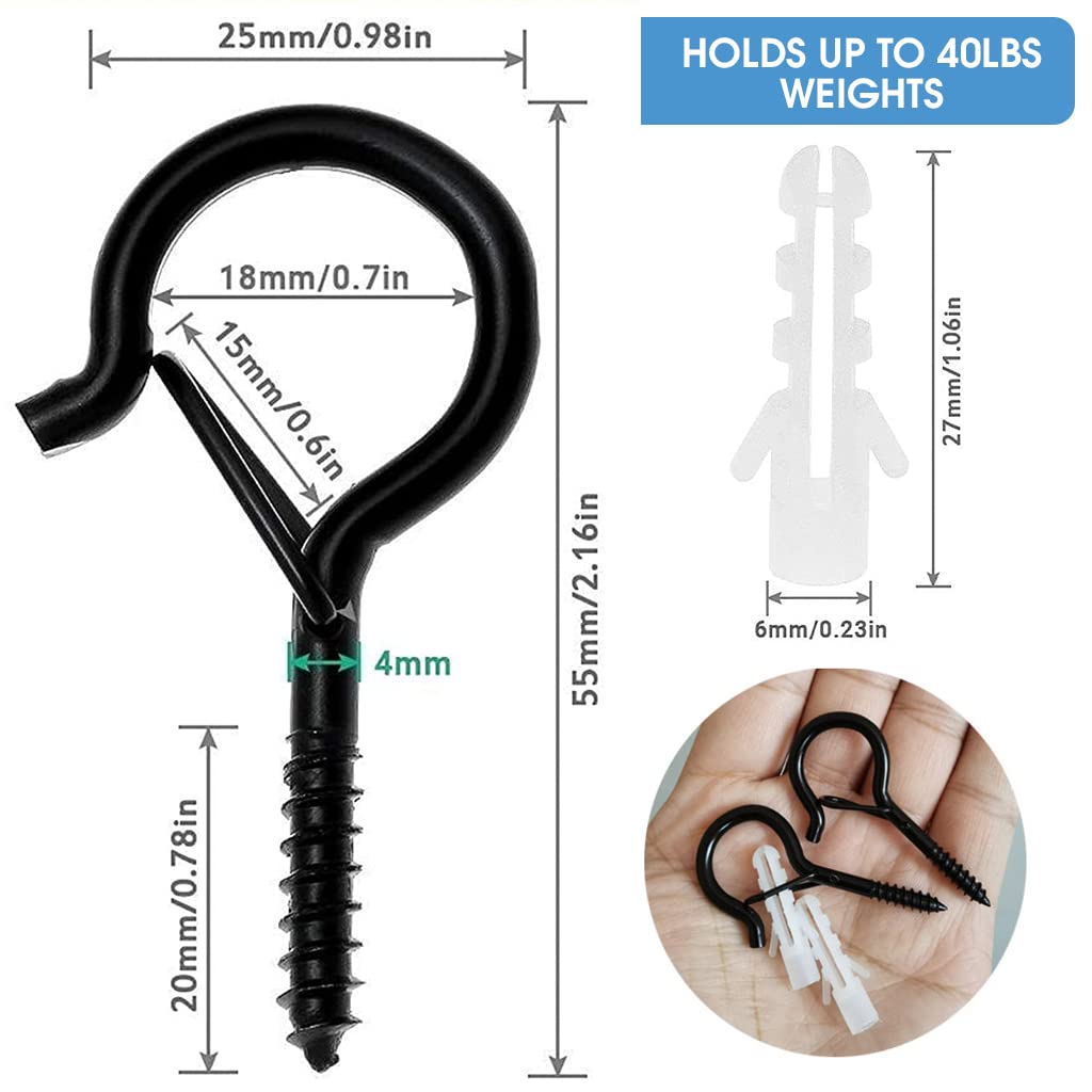 HASTHIP Screw Wall Hooks for Outdoor String Lights with Safety Buckle 20pcs Black | Steel Ceiling Cup Hooks