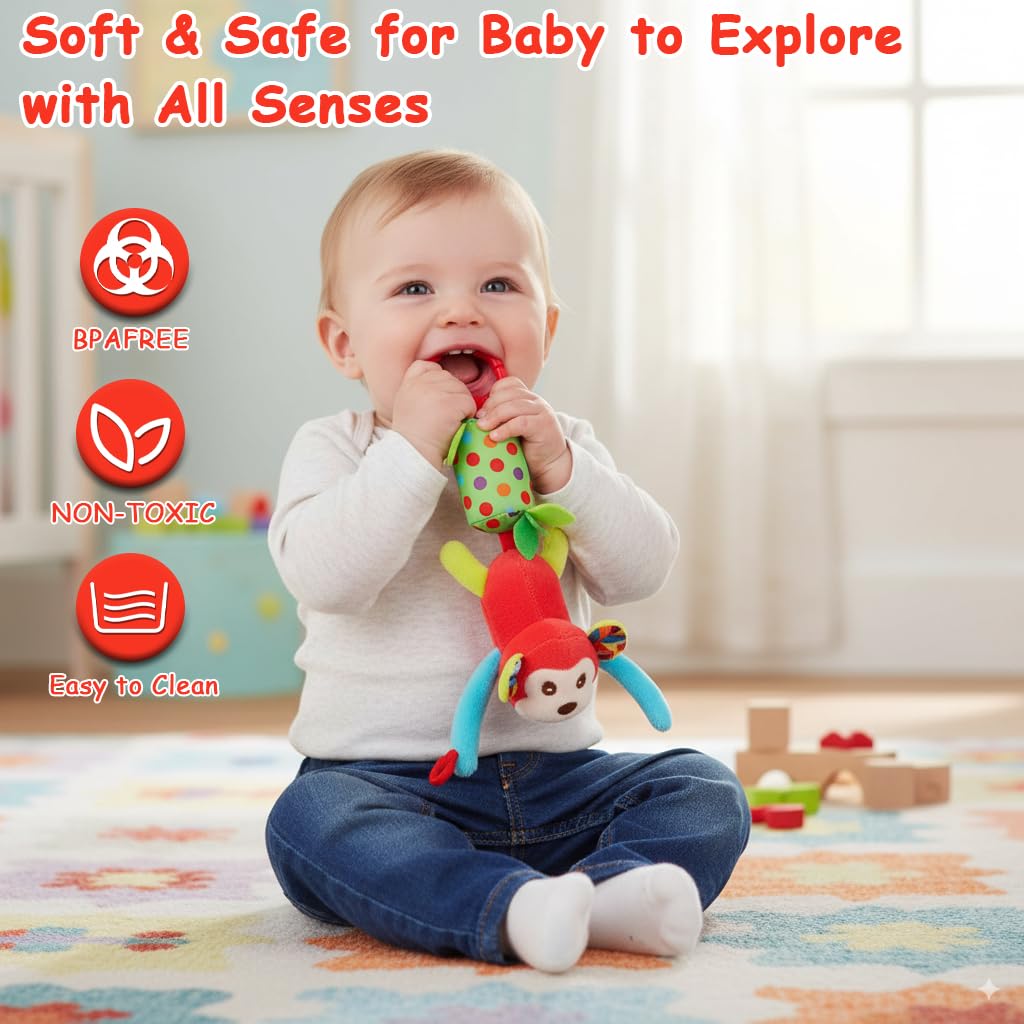 SNOWIE SOFT Baby Toys for Stroller and Crib with Plush Monkey Rattle | Newborn Gift