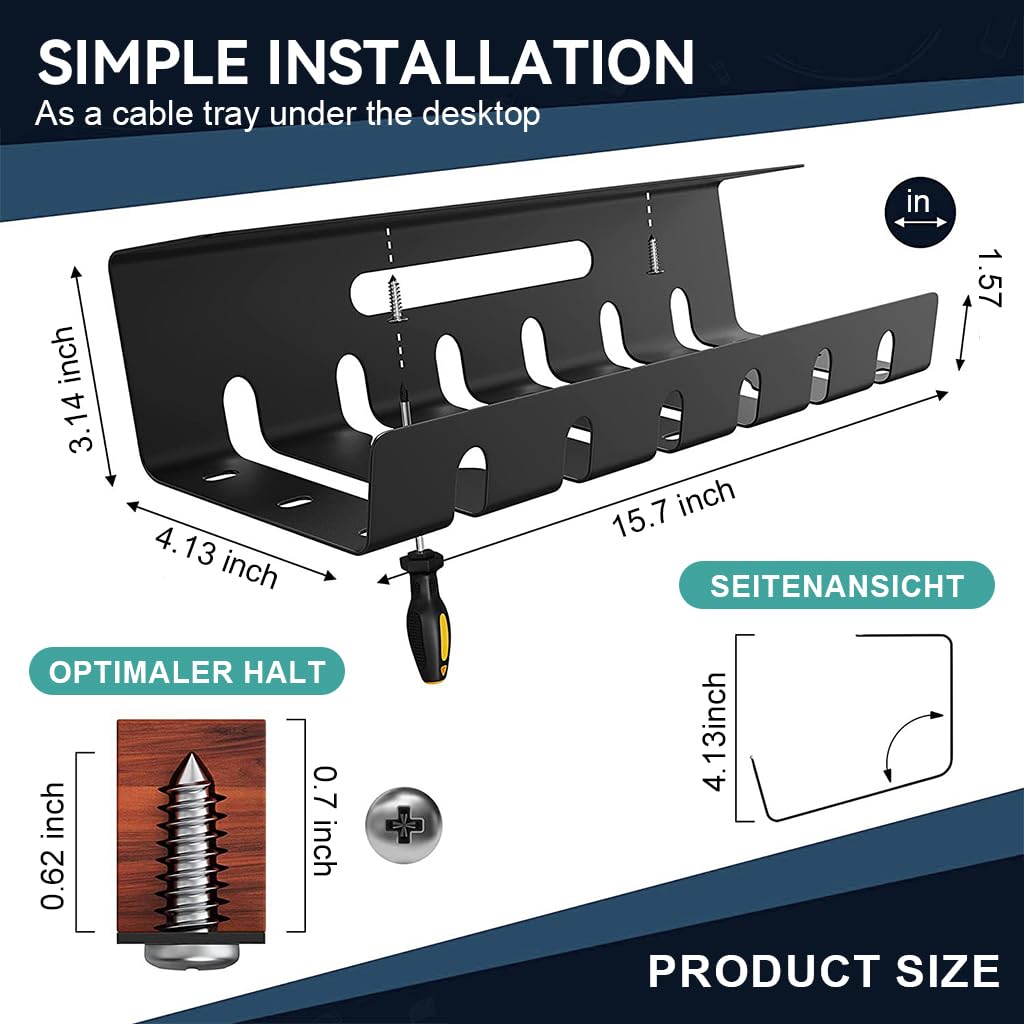 Climberty Under Desk Cable Management Tray for Office and Home with Screw Installation 40x10.5x8 cm | Carbon Steel Organizer with 10 Cable Ties