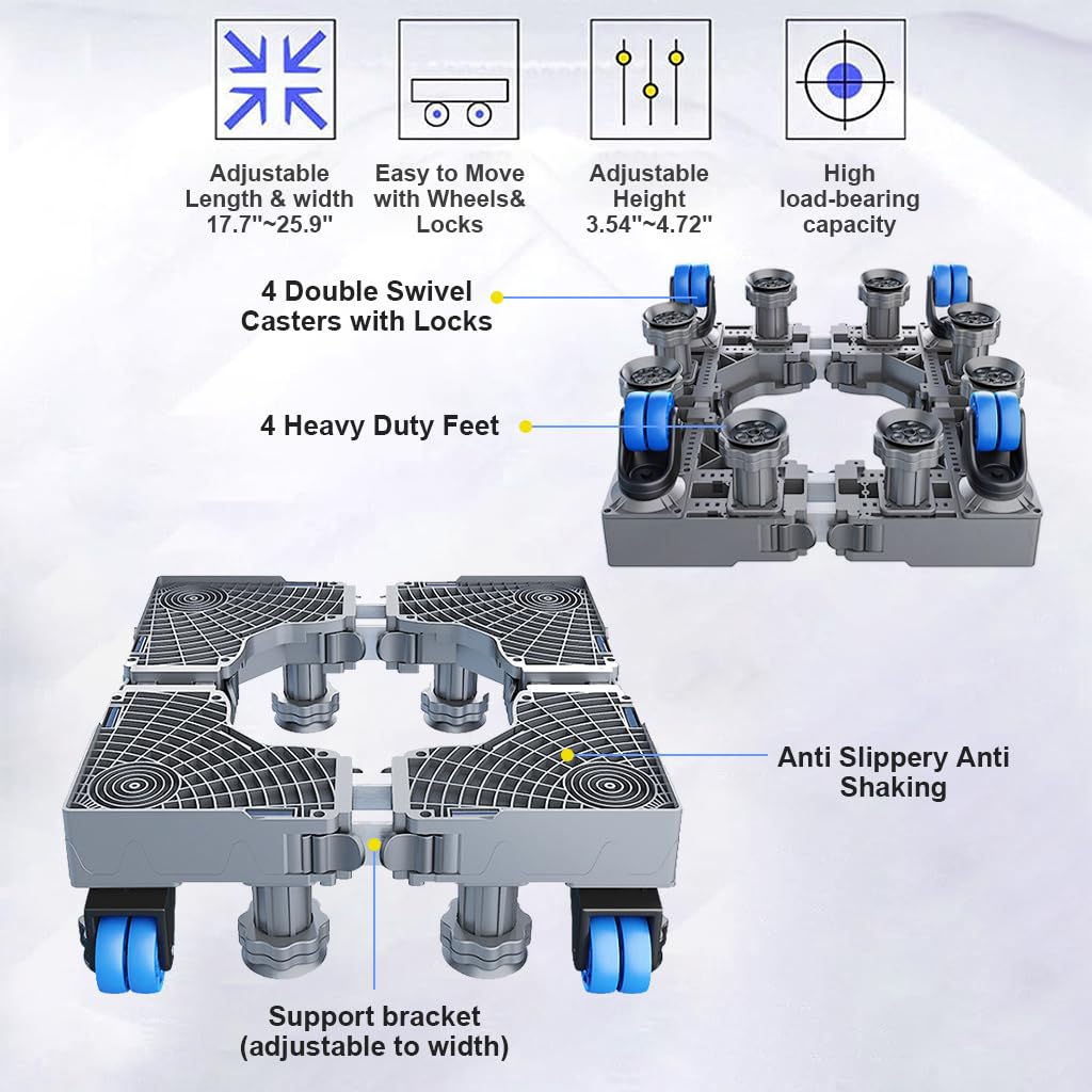 Supvox® Caster Wheel Stand Lifting Stand for Washing Machine Universal 16-25 inches 4-Wheel Extendable Moving Trolley Stand with 4 Strong Suction Cup Feet 360° Swivel Caster Wheel Stand