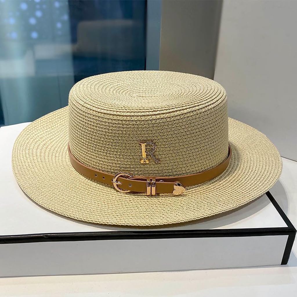 Venzina Straw Hat for Women featuring Leather Belt and Letter Charms 56–58cm Milk White | UV Protection Beach Hat