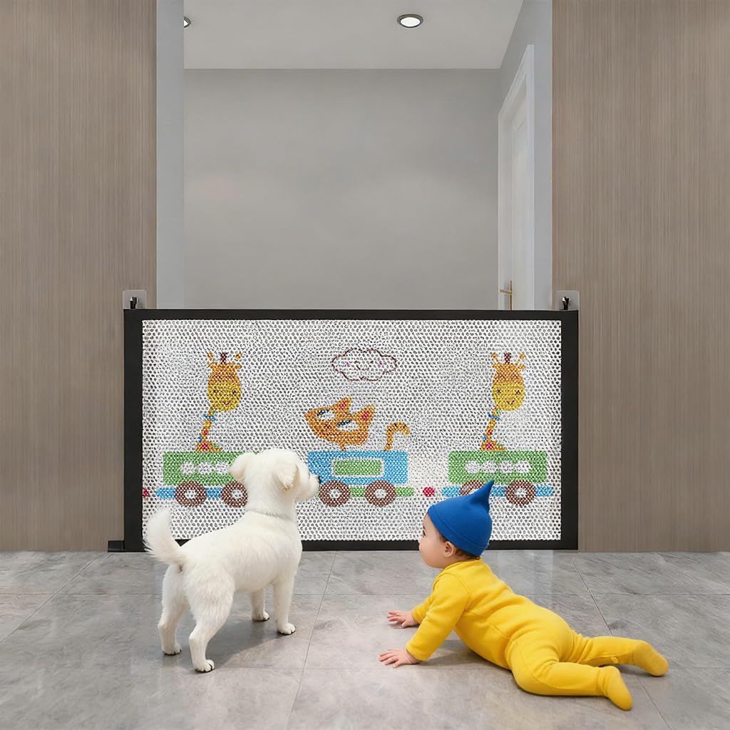 SNOWIE SOFT Retractable Kids Safety Mesh Door Barrier for Room and Stairway 85x134cm with Hook and Loop Closure | Ventilated Cartoon Design