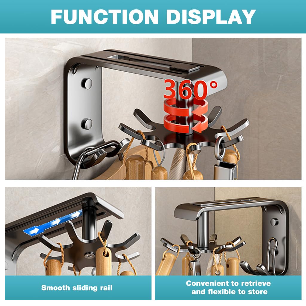 Supvox Kitchen Wall Hook for Space Saving Storage with 360° Rotating 8 Hook Rack | Carbon Steel