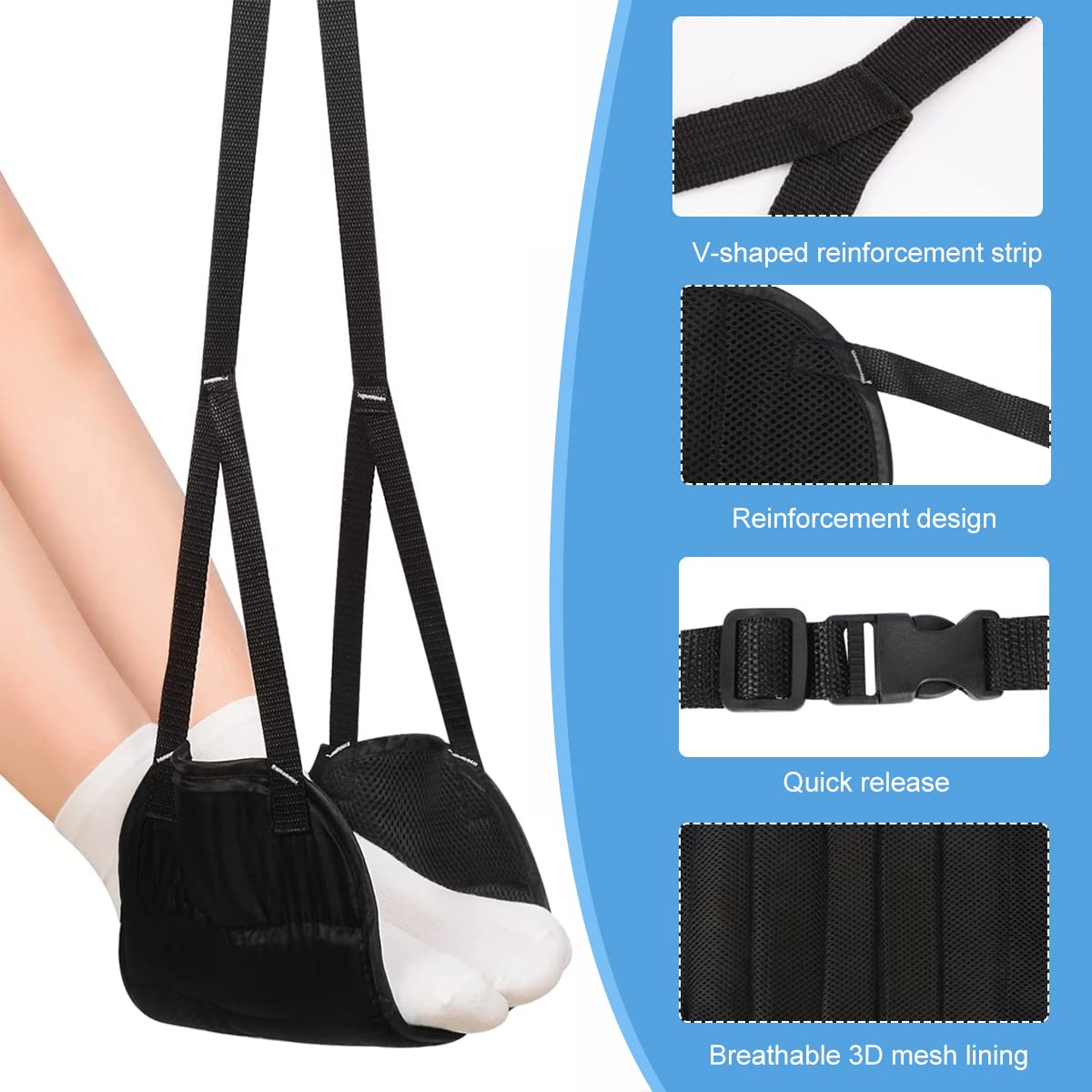 HASTHIP Airplane Footrest for Travel with Adjustable Straps and Wide Hammock Design | Black