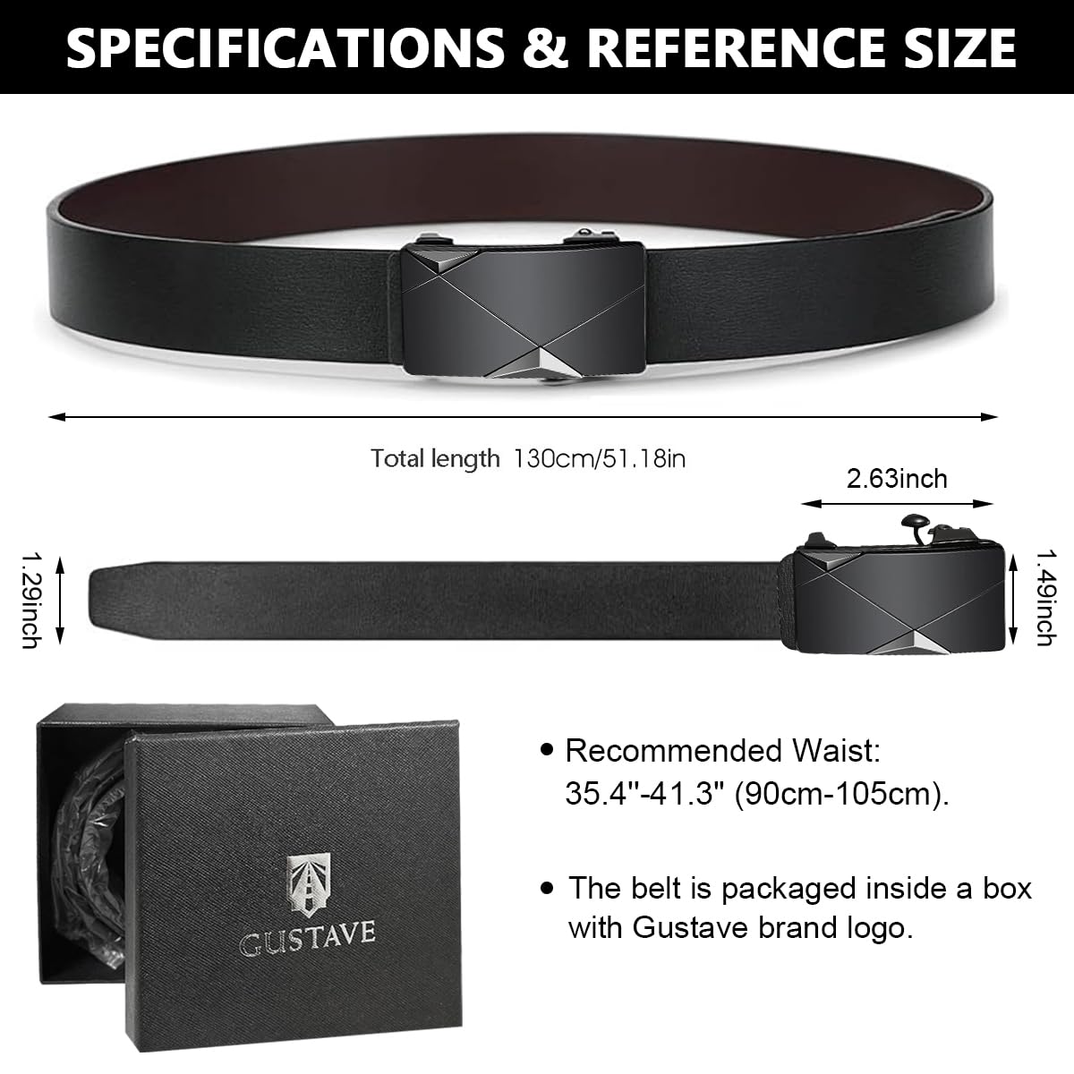 GUSTAVE® Men's Leather Belt Adjustable Auto Lock Buckle Belt for Men (Black-F)