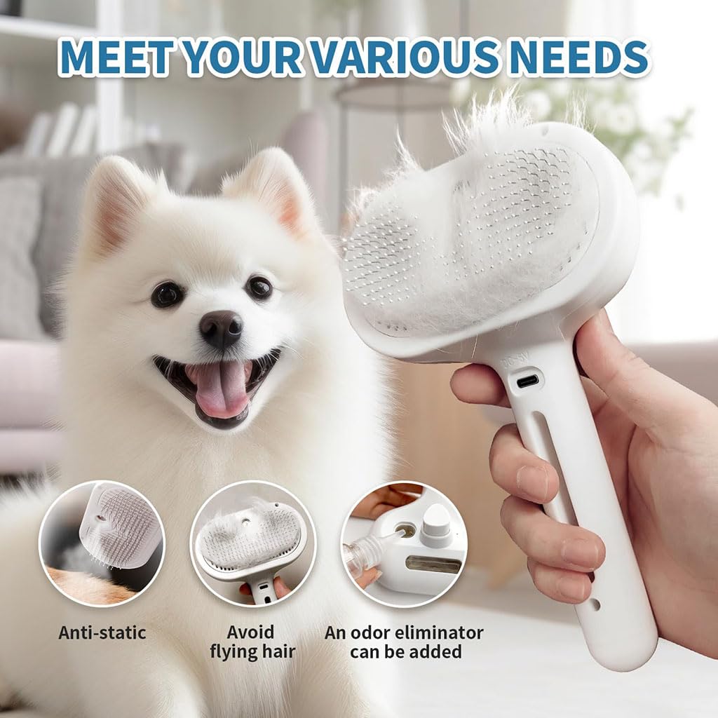 ZIBUYU Pet Steam Comb for Dogs and Cats with Spray Function and Self Cleaning Brush | 0.32 lb Lightweight Grooming Tool