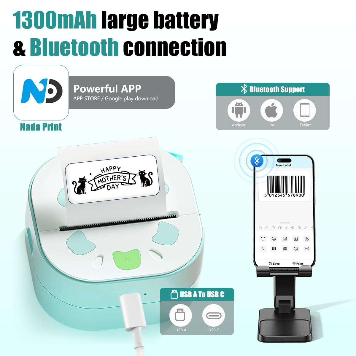 ZEITEL Mini Printer for Mobile with 20 mm/s Bluetooth Printing | Includes 3 Rolls HD Paper