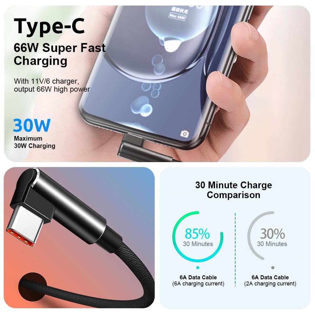 Verilux Type C Cable for Fast Charging and Data Transfer featuring 16ft Length | Right Angle Nylon Design