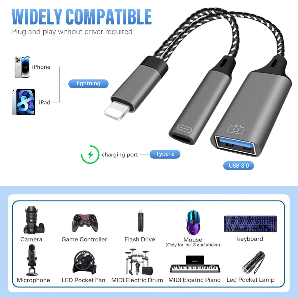 Verilux® USB Adapter for iPhone, Lightn-ing to USB C /USB A Portable USB 3.0 35W Fast Charging USB C Adapter Support Data Sync USB C Adapter for iPhone 14/13/12/11, iPad Air