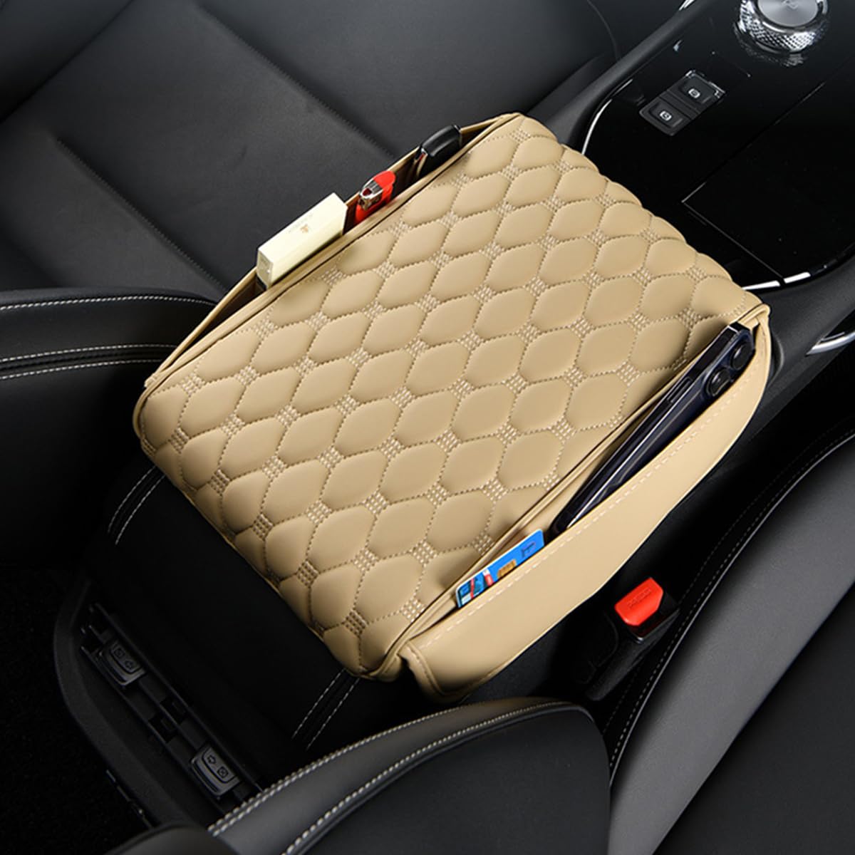 STHIRA Car Armrest Cushion for Center Console with Side Storage Pouch in Beige PU Leather | Ergonomic Support and Universal Fit