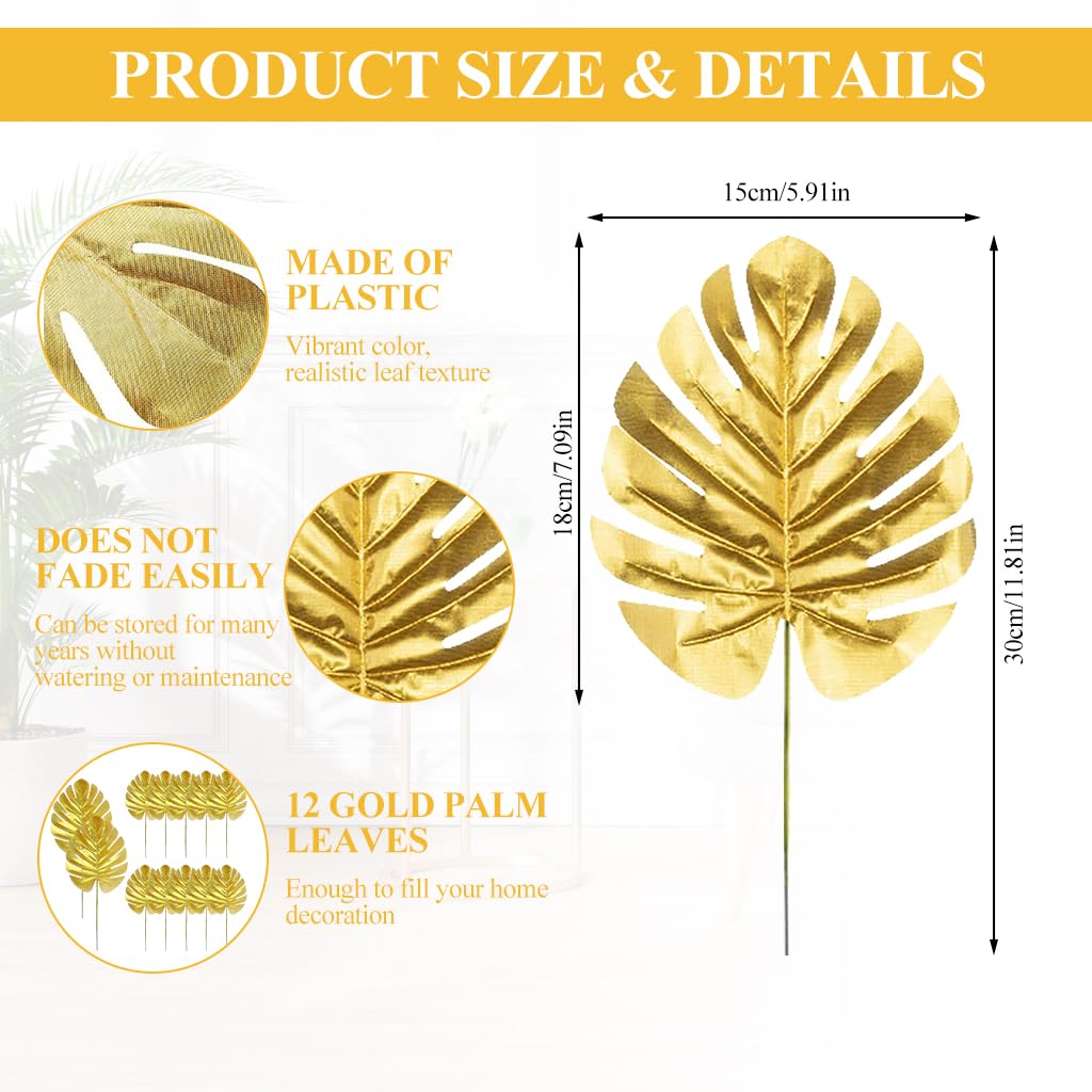 HASTHIP® 12pcs Golden Monstera Leaves, 11.8 inches Golden Monstera Leaves for Home Decor Faux Leaves Simulation Monstera Leaves with Stems for Home Decor, Wall Decor, DIY Art Crafts