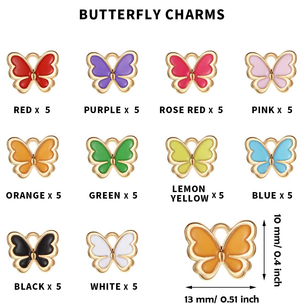 MAYCREATE® 50pcs Color Butterfly Charms for Jewelry Making Enamel Butterfly Pendant Gold Plated DIY Butterfly Charm Necklace Bracelets Pendent Kit for Bracelet Jewelry Making and Crafting