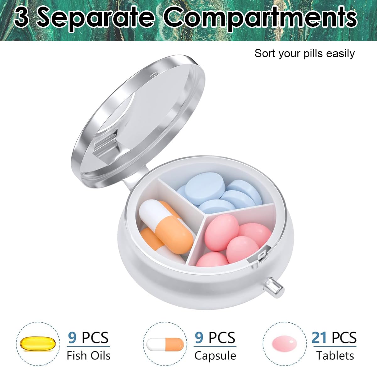 HANNEA Pill Box for Travel and Daily Use with 3 Compartments and Button Closure | Metal Case with Built In Mirror and Resin Art Lid, Green