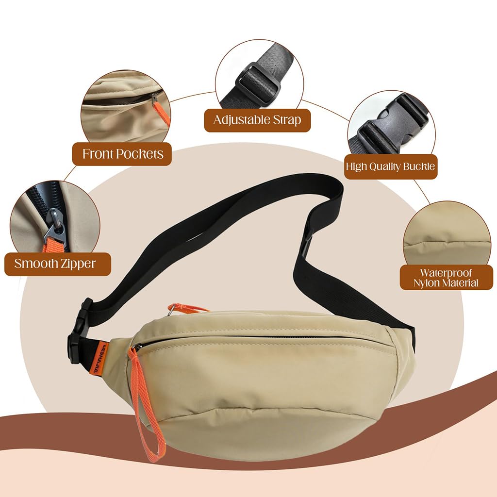 ZIBUYU Nylon Crossbody Waist Bag for Travel and Hiking with Multi-Compartments | Coffee