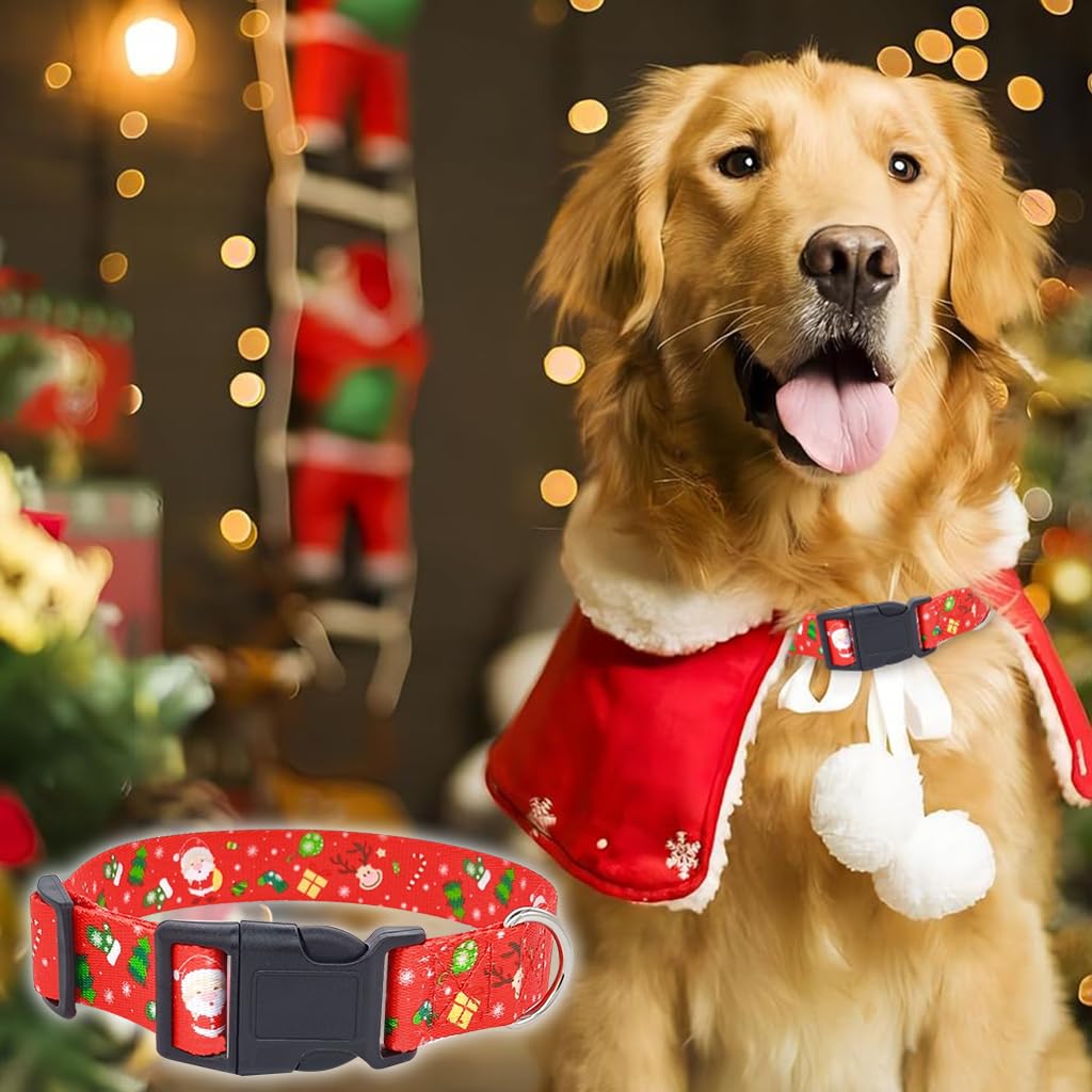Qpets Christmas Dog Collar for Festive Dress Up with Quick Release Buckle and Metal D Ring | Adjustable 35–55 cm Red Polyester