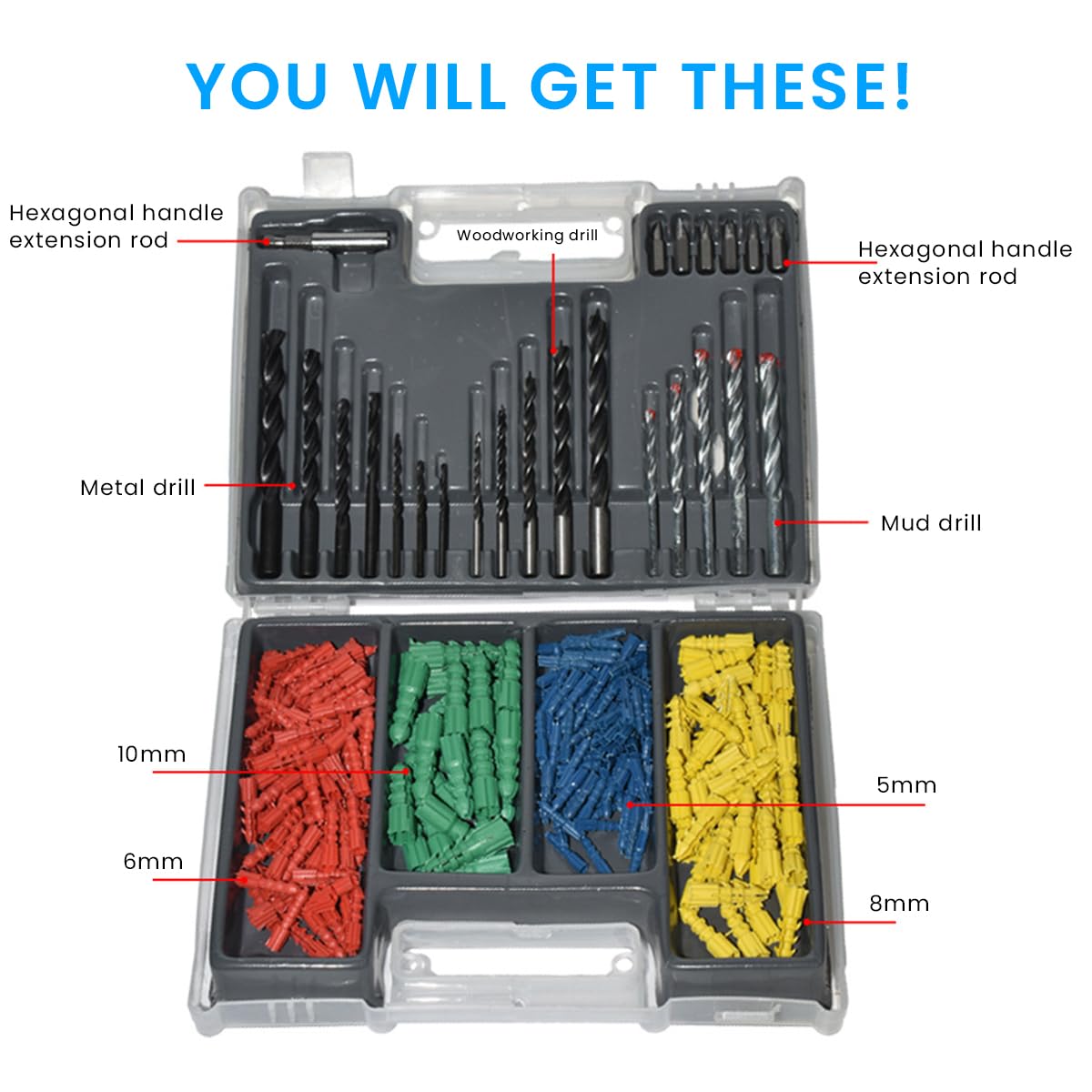 Serplex® 300Pcs Twist Drill Bits Drywall Anchors Screwdriver Bits 2-10mm Twist Drill Bits Carbon Steel Drill Bits 4 Sizes Drywall Anchors Universal Twist Drill Bits Power Drill Bit Set with Box