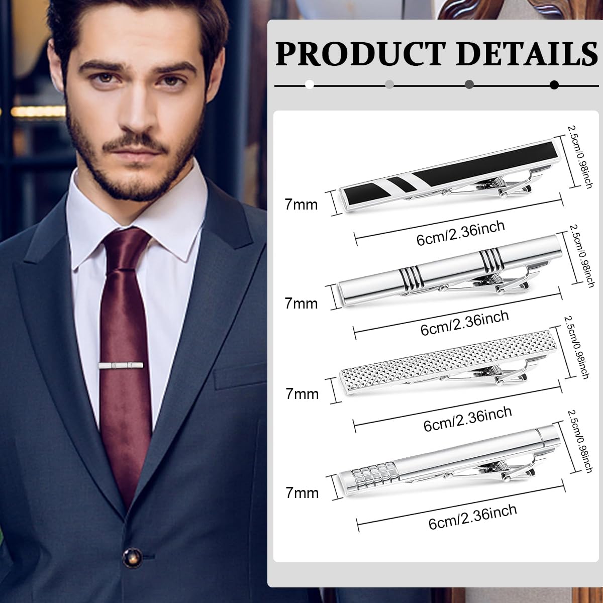 GUSTAVE® 4 Pack Men's Tie Clips Set Tie Pin Tie Clip for Men Suits Luxury Metal Plating Necktie Tie Bar Clasp Pinch Clip for Business Wedding Daily Life, with Gift Box