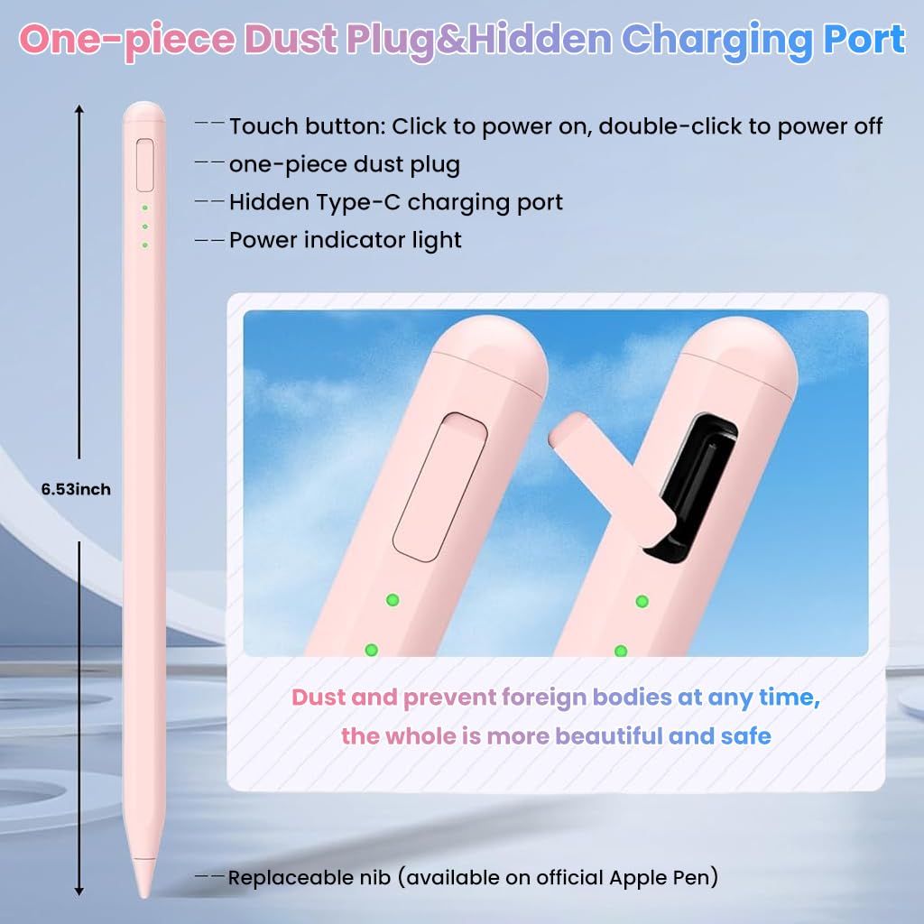 ZORBES Stylus Pen for iPad 11 and 10th Gen with Pressure Tilt Recognition and Palm Rejection | Pink