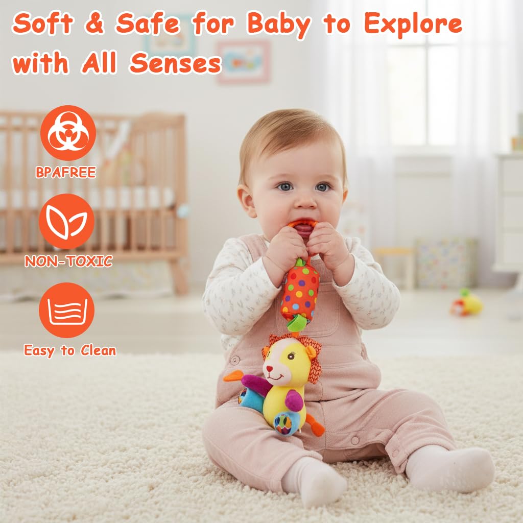 SNOWIE SOFT Baby Toys for Stroller with Open Ring Clasp and Plush Lion Rattle | Sensory Fun for 6–12 Months