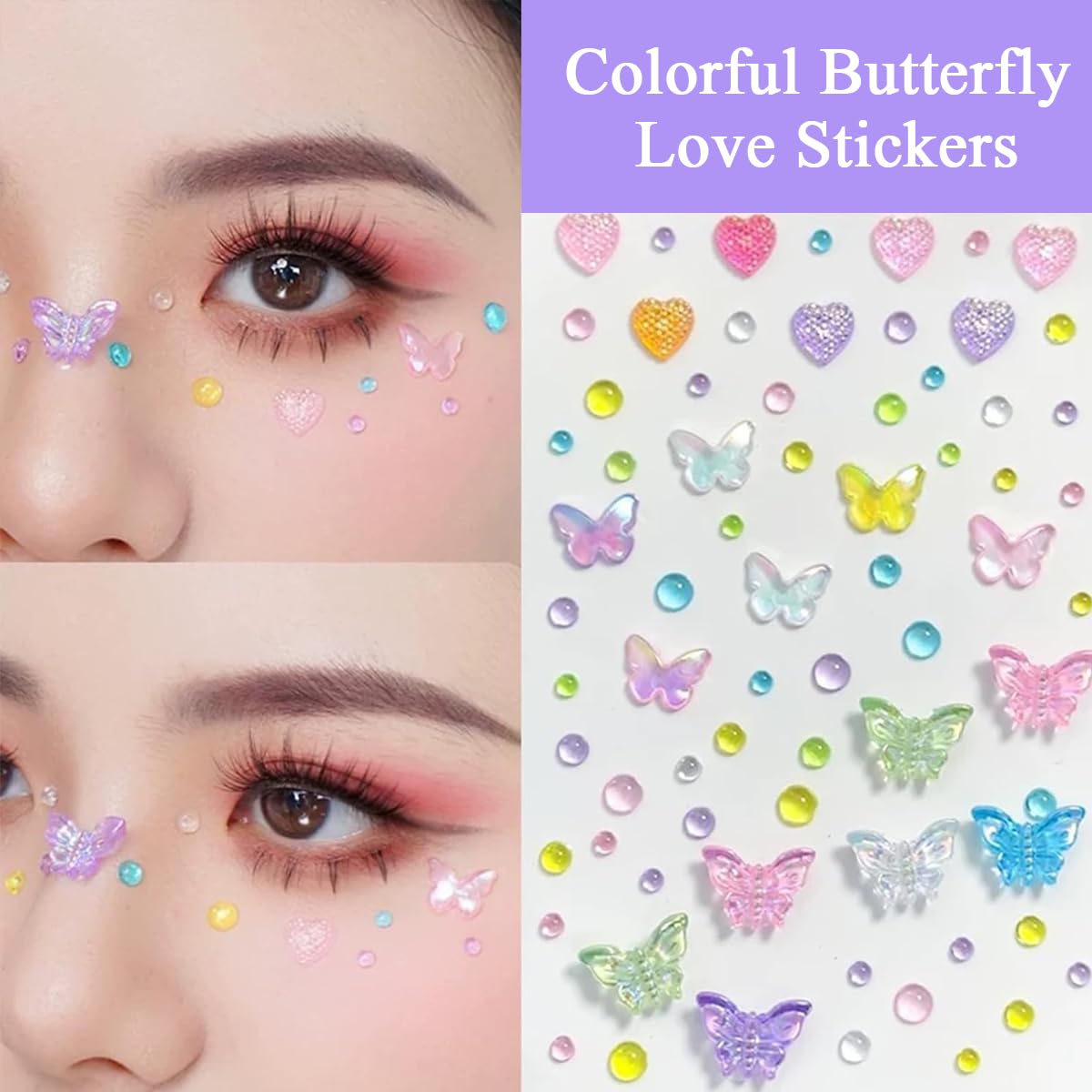 MAYCREATE Face Stickers for Makeup and Hair with 14 Sheets of 3D Crystal Butterflies | Self-Adhesive Acrylic Rhinestones for DIY Crafts and Festivals
