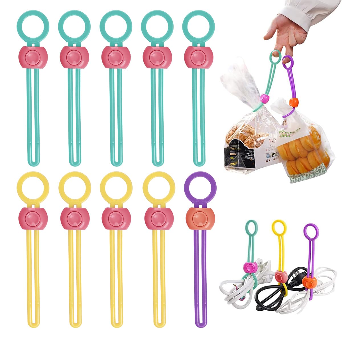 ZIBUYU Clips for Packet Sealing with Sliding Clip Design 10pcs Colorful TPE Straps