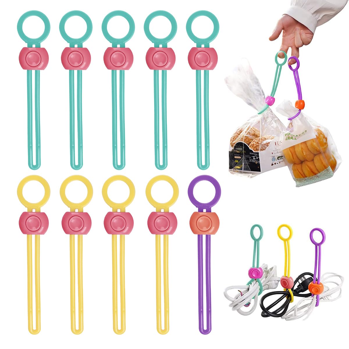 ZIBUYU® 10 Pack Bag Clips Strap Sealer Organizer Zipper Pulls Food Sealing Clip with Handle Grip Hanging Hook for Snack Bread Bags Wire Cable Cord Tie Wrap Rope Kitchen Home Storage Tool