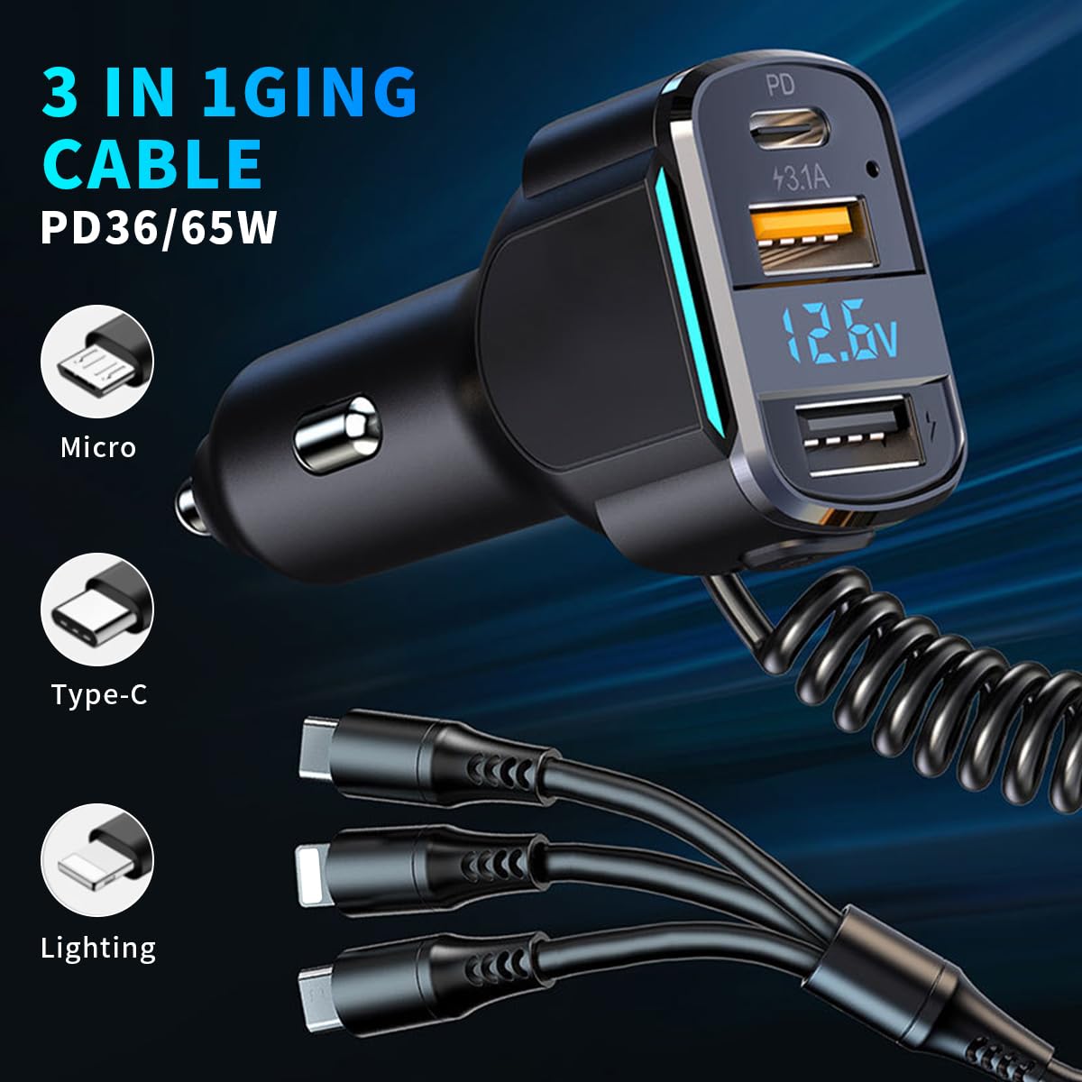 STHIRA Car Charger 6 in 1 Multi Port Fast Charger 65W with LCD Display and Coil Cord | USB C and USB A for 12V 24V Vehicles