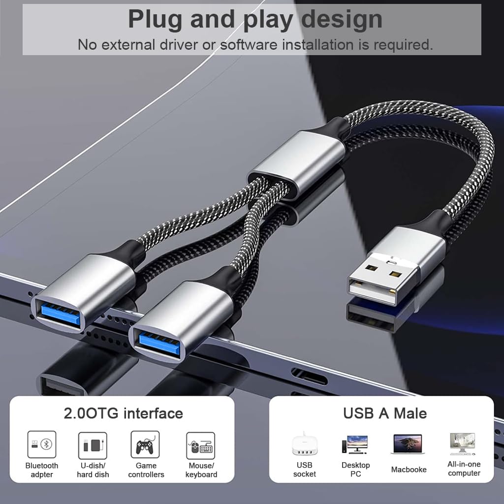 ZORBES 2 in 1 USB Port Splitter Cable for Laptop PC and Tablet with Dual USB Female 35cm Nylon Braided Design
