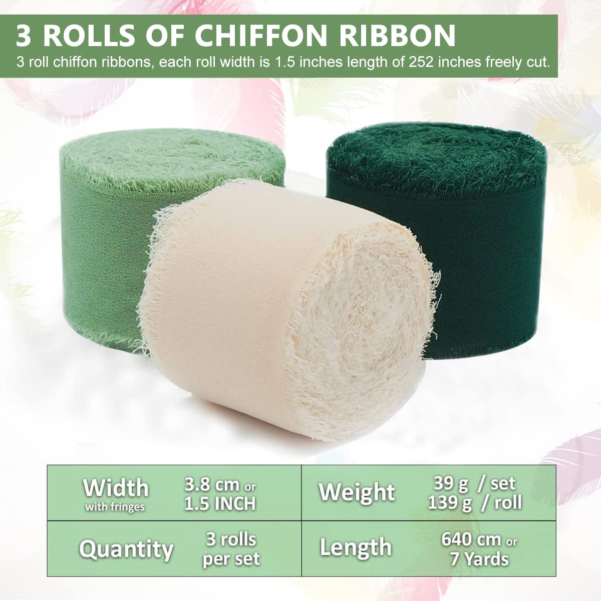 HASTHIP® 3 Rolls Chiffon Ribbon Fringe Chiffon Silk-Feel Ribbons, Cream & Green Ribbons Set for DIY Craft, Wedding Decoration, Bridal Bouquets, Gifts Wrapping (1.5