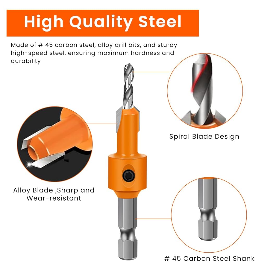 Serplex® 10Pcs Wood Countersink Drill Bit Set, 5Pcs Countersink Drill Bit with 5Pcs Extra Pilot Drill Bit, Tapered Drill Bits with 5/16" Round Shank, Counter Sinker Drill Bit Set for Woodworking