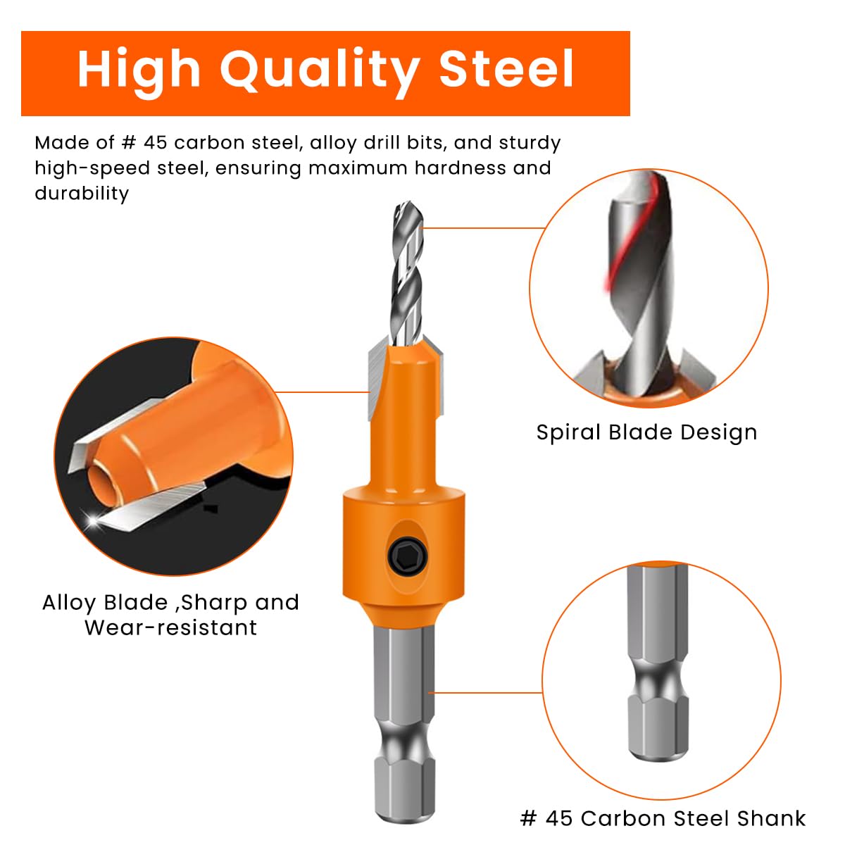 Serplex Countersink Drill Bit Set for Woodworking with 11 pcs 8mm Shank & #45 Carbon Steel | Includes 5 Sizes and Extra Pilot Bits