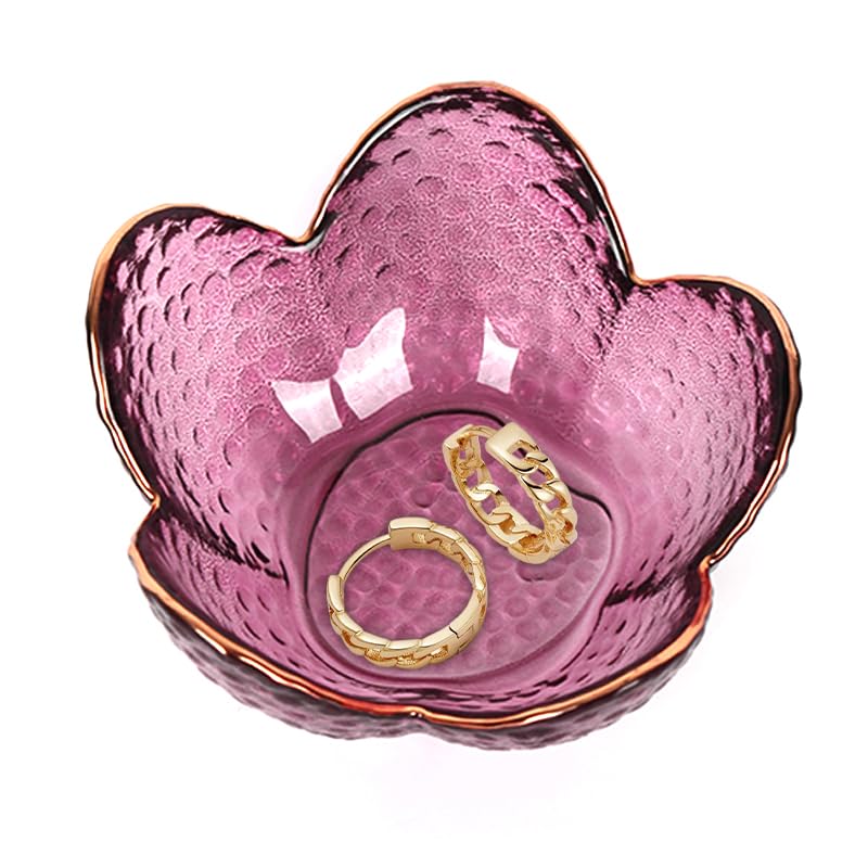 Supvox Jewelry Tray for Rings and Snacks featuring 3.5 in Petal Shape Hammered Pink Glass Bowl | Gold-Rimmed Home Decor