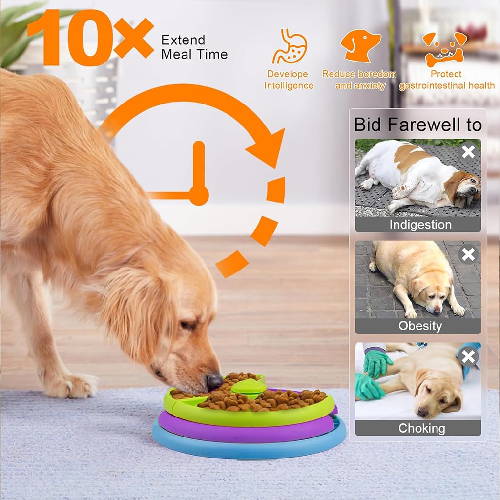 Qpets® Dog Slow Feeder Bowl, Dog Toy Pet Slow Feeder for Dogs Large Puppy Puzzle Toy, Interactive Dog Toys Food Dispenser with Anti-Slip Pads - Round Edge & Triple Layer Rotatable