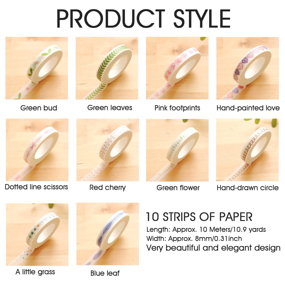 HASTHIP Flower Washi Tape for Scrapbooking and Crafts with 10 Pieces 8mm Width | 10m Roll