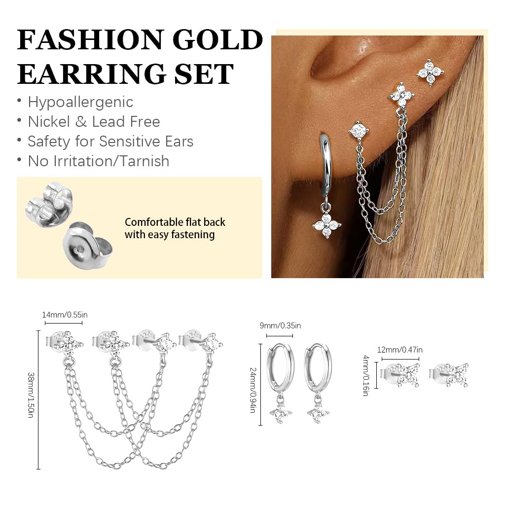 SANNIDHI Earrings Set for Women with 3 Pairs Zircon Stud Hoop & Chain Designs | Silver Hypoallergenic Jewelry