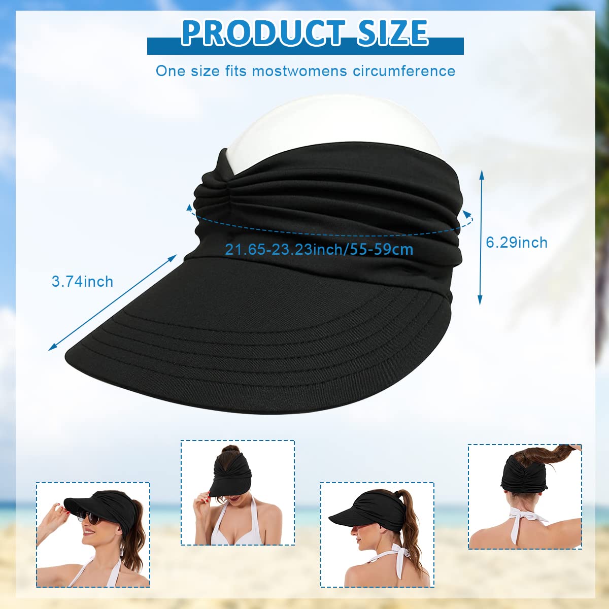 PALAY® Sun Hats for Women Wide Brim Sun Cap Women Sun Visor Hat Baseball Cap Packable Summer Beach Hat for Sports Golf Hiking (Black, UPF 50+ UV Protection)