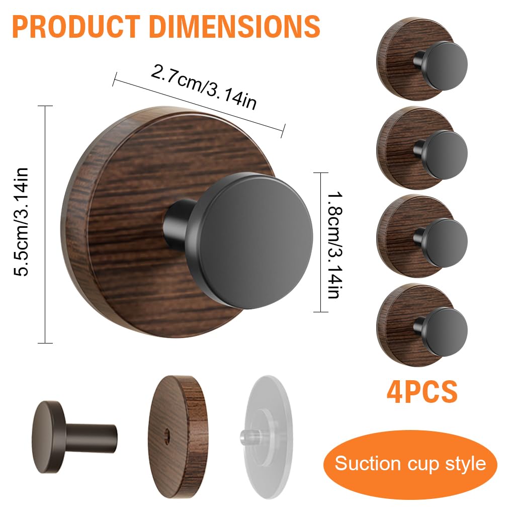HASTHIP Suction Wall Hooks for Bathroom and Kitchen with Strong Hold and Wooden Grain Base | 4Pcs Reusable Organizer