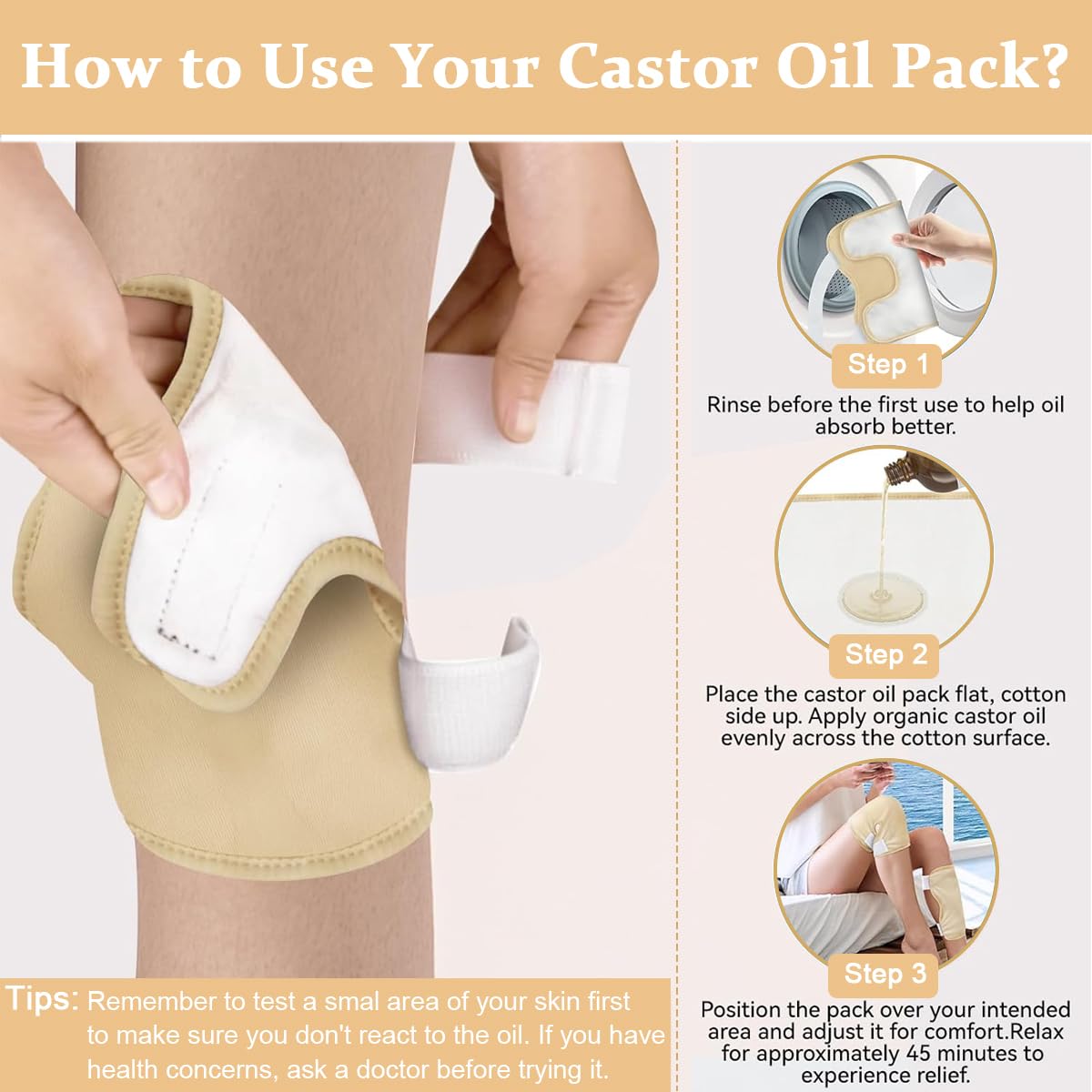 HANNEA Castor Oil Pack Wrap for Knee Pain Relief with Adjustable Velcro Closure | 2 Pack 23x20cm Reusable Flannel and Waterproof Design