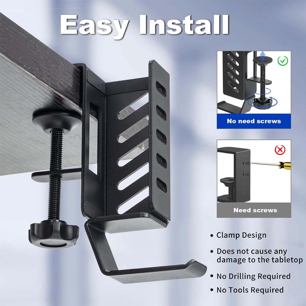 Zeitel Tablet and Laptop Holder for Desk Edge with Screw Mounting and Hooks | Aluminum Organizer
