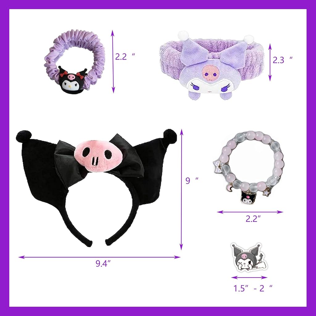 HASTHIP® Kawaii Kuromi Headpieces Gift Set of 9Pcs Kuromi Merchandise Includes Spa Plush Headband, Cartoon Headband, Scrunchy, Beaded Bracelet, Necklaces, Keyring, Stickers, Stationeries Pouch.