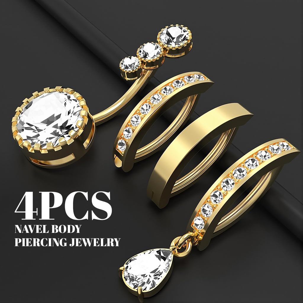 SANNIDHI Belly Button Rings for Women with Reverse Design and Rhinestone Set of 4 | Surgical Stainless Steel Piercing Jewelry
