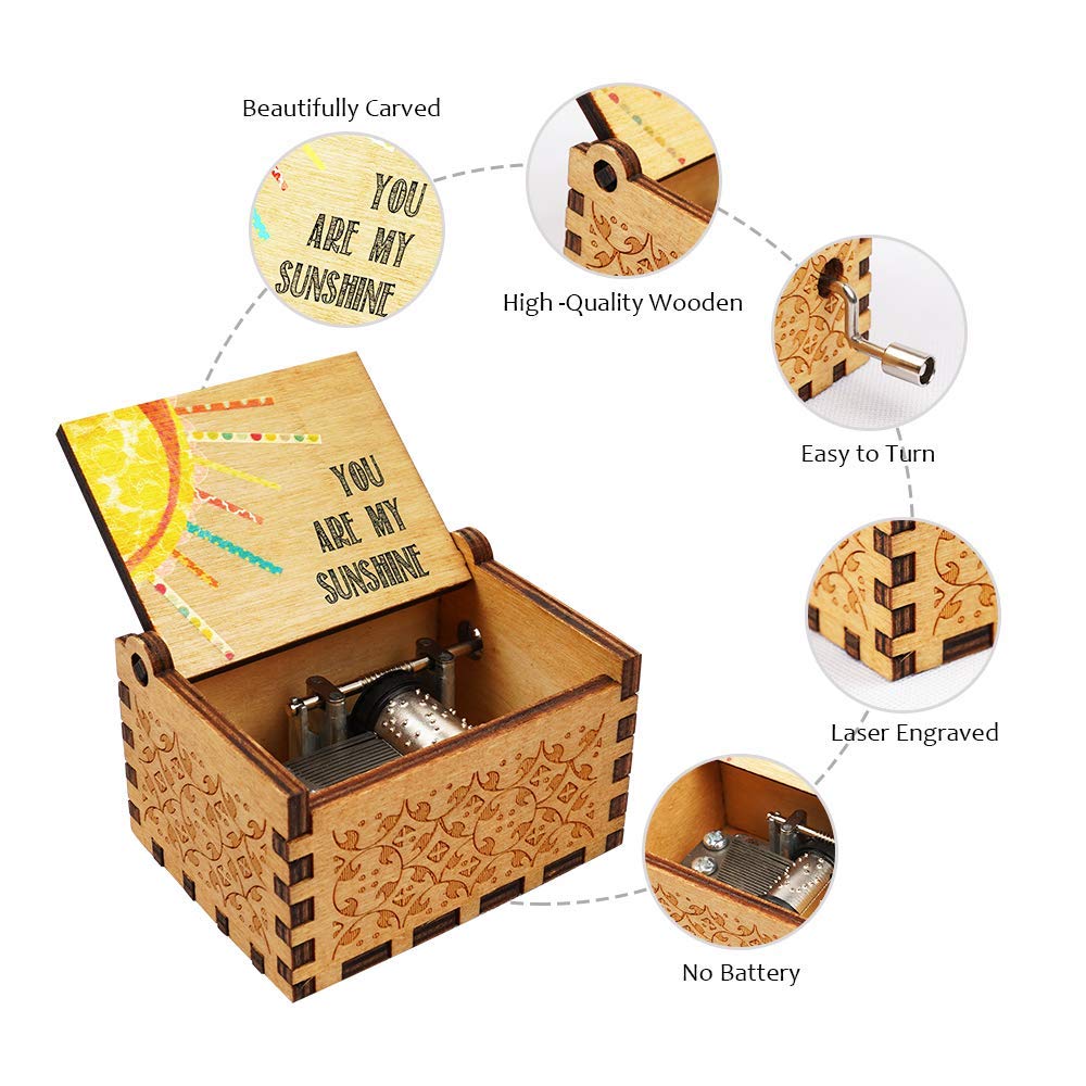 PATPAT Kid You Are My Sunshine Wood Music Box with Hand Crank Engraving for Mother’s Day Gift
