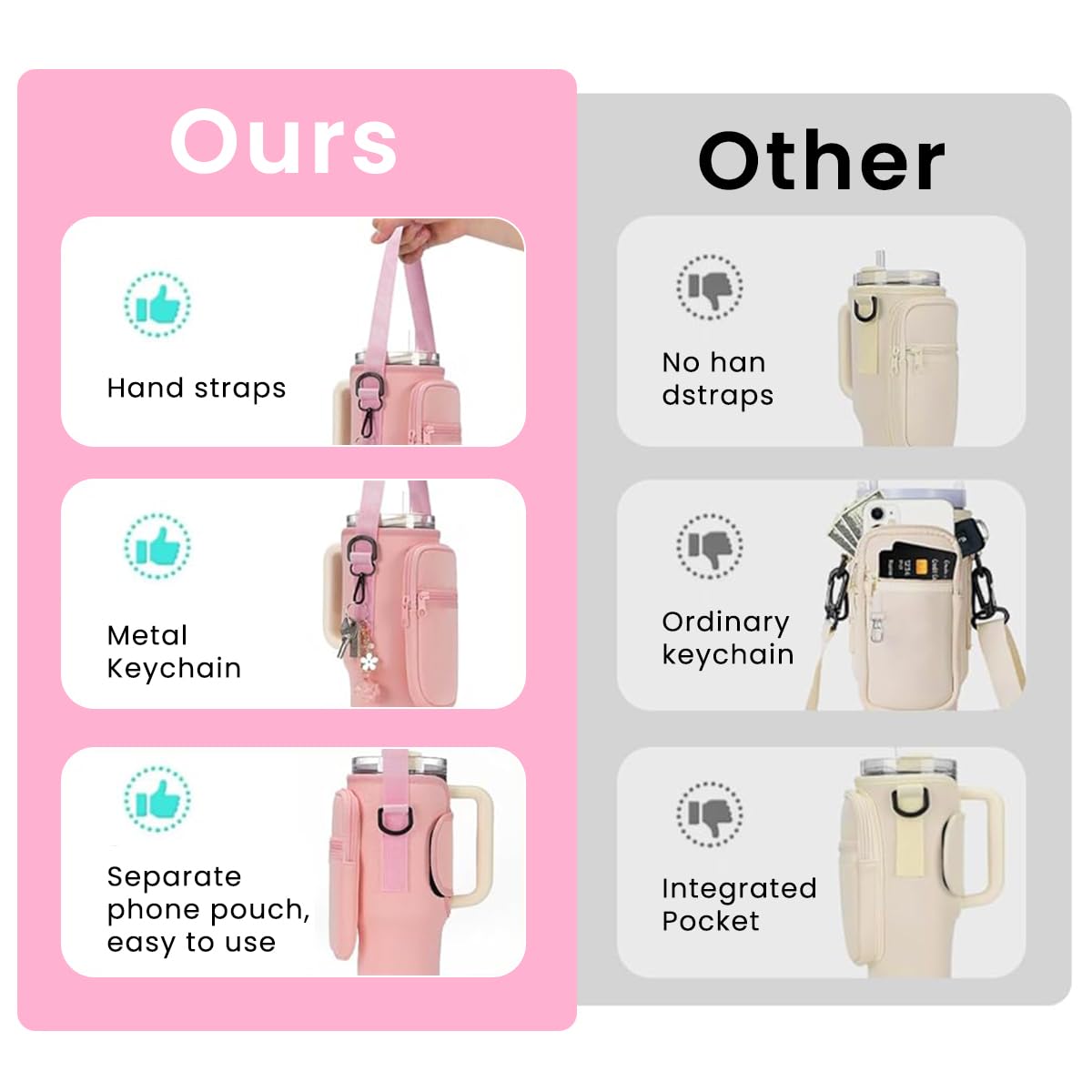 HASTHIP Water Bottle Carrier Bag for Stanley 30 oz Tumbler with Phone Pocket Holder Pink 3PCS