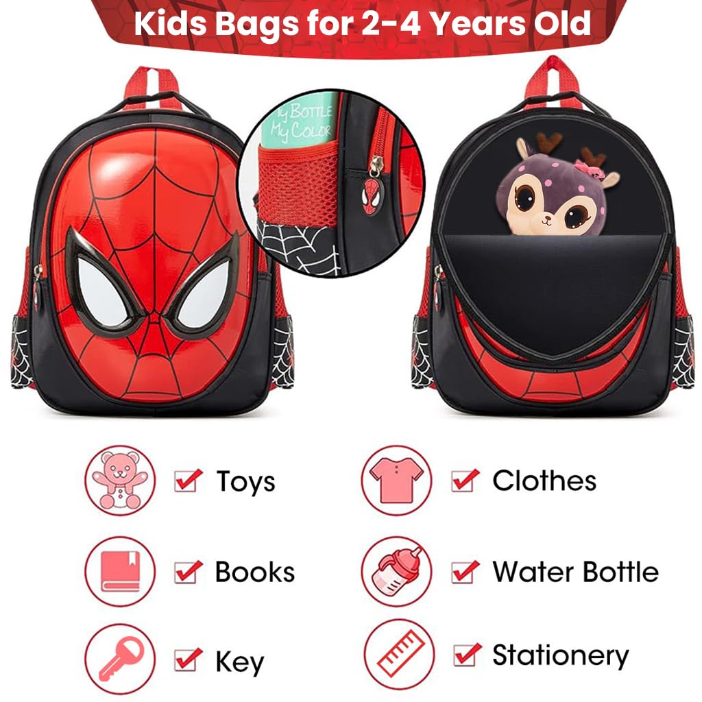 Venzina School Backpack for Boys and Girls 2 to 4 Years featuring Spider Man Design in Red and Black | Waterproof Preschool Bag