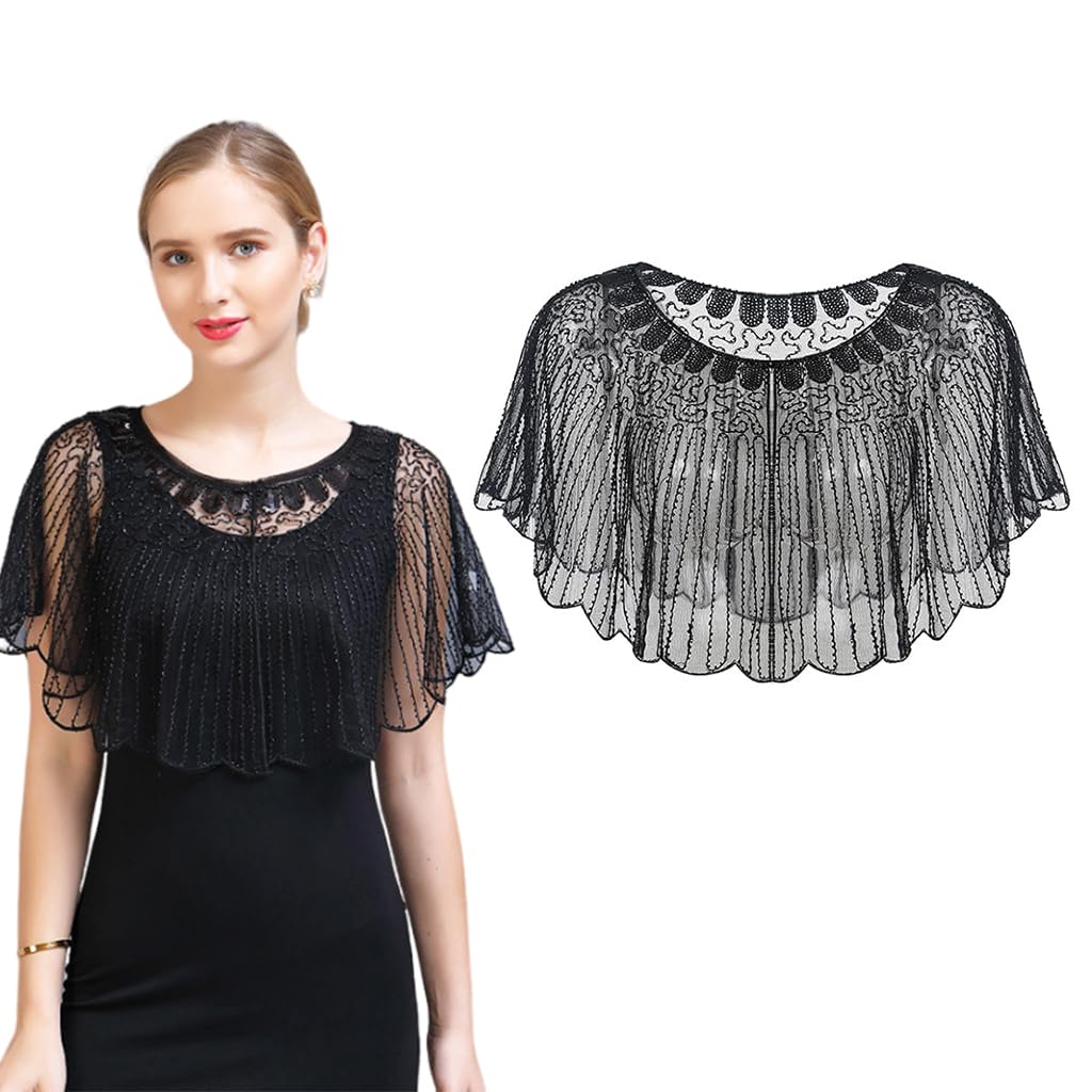 PALAY Lace Shawl for Wedding Dress featuring Sequin Beaded Mesh Fabric | Elegant Black Wrap
