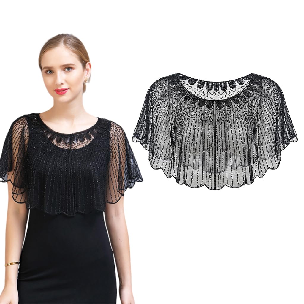 PALAY® Lace Shrugs Shawl for Women Stylish Sheer Cape for Women Cover Up Wraps Black Sequin Shawl for Wedding Dress, Off Shoulder Dress, Strapless Dresses