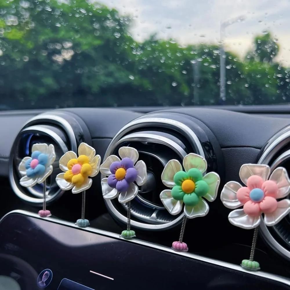 STHIRA Car Decors for Dashboard with Swinging 2.36 in Mini Flowers Set of 5 | Cotton Adhesive Charm